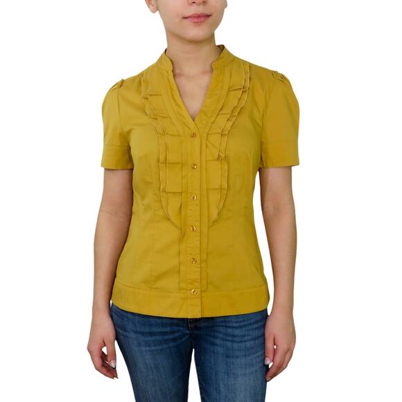 Y2k Elle Mustard Yellow Ruffle Button Down Blouse XS Twee Retro Glam - Picture 5 of 6